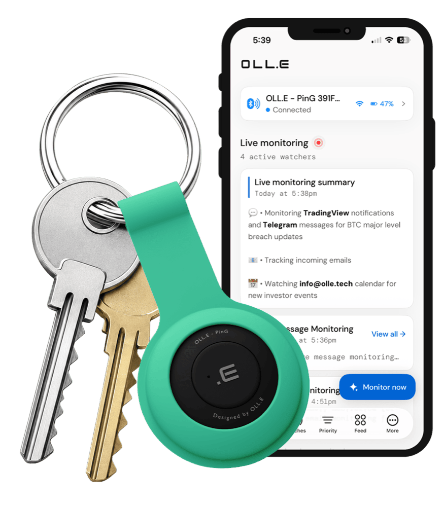 OLL.E PinG on a keyring beside the OLL.E app showing live monitoring